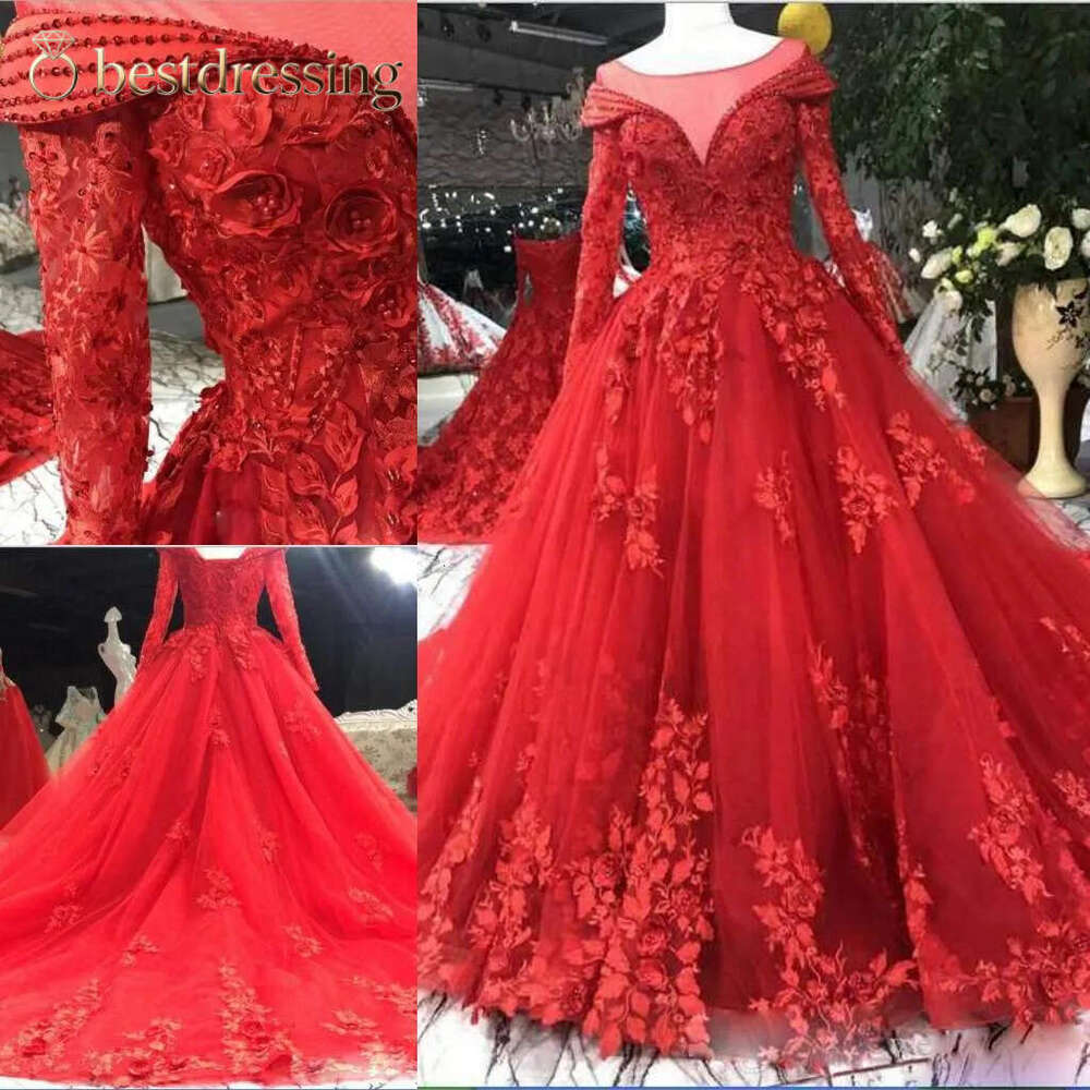 Red Dresses Princess Bridal Ball Beading Long Sleeves Lace Appliques Wedding Gowns Petites Plus Size Custom Made Bd612