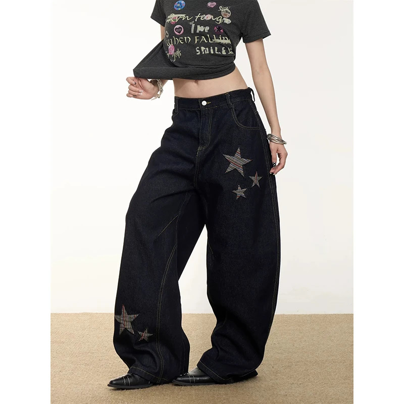 YIBASHU Women Vintage Baggy Black Star Jeans High Waist Denim Trousers 2000s Y2k Harajuku Aesthetic Wide Pants Trashy Clothes 260609