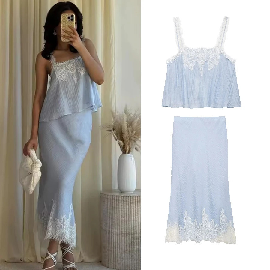 Women Holiday Sexy Chic Skirt Suit Lace Cami Top Long Straight Fashion Spring Summer Beach Lady 260611