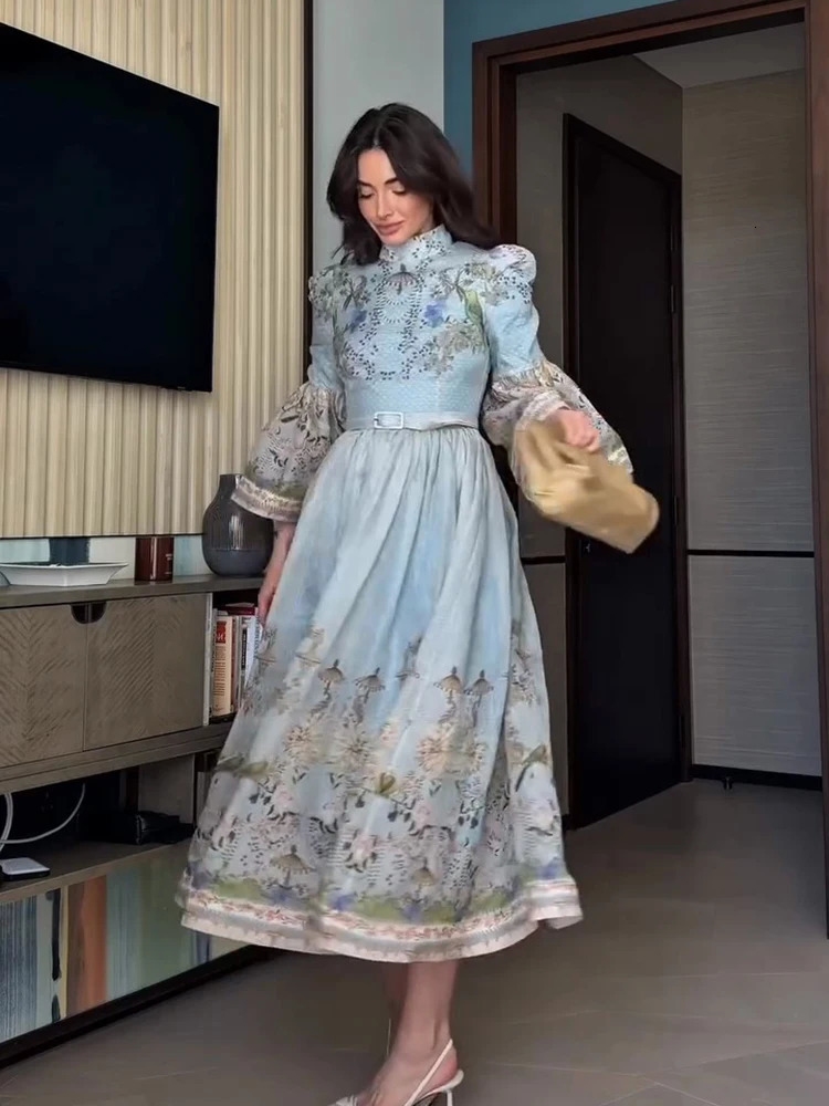Half High Collar Button Print Dress Woman Long Flared Sleeve Waist Cinched Pleated A-Line Dresses Elegant Chic Womens Dress 260611