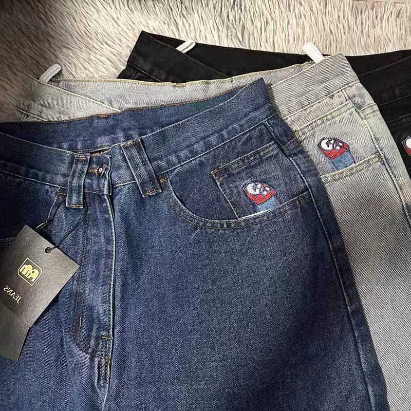 Mens Jeans Streetwear Polar Big Y2K Harajuku Hip Hop Cartoon Embroidery Retro Blue Baggy Pants Mens Womens Wide Leg Trouser Q260612