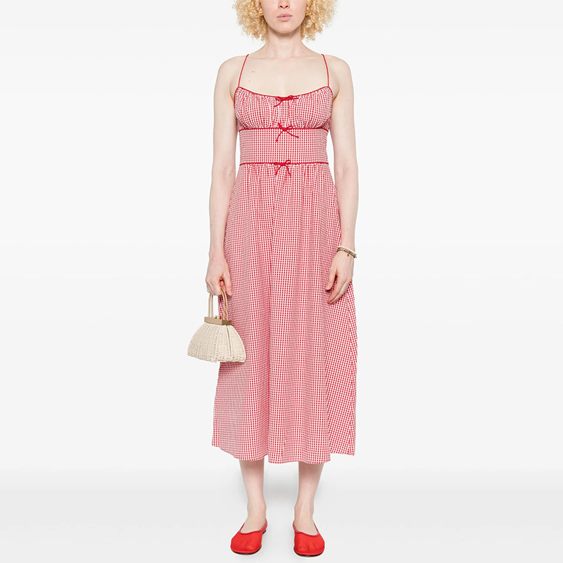 New Summer French Countryside Plaid Square Neck Waist Cinched Bow Tie High Waist Backless Mid Length Basic Casual Dress