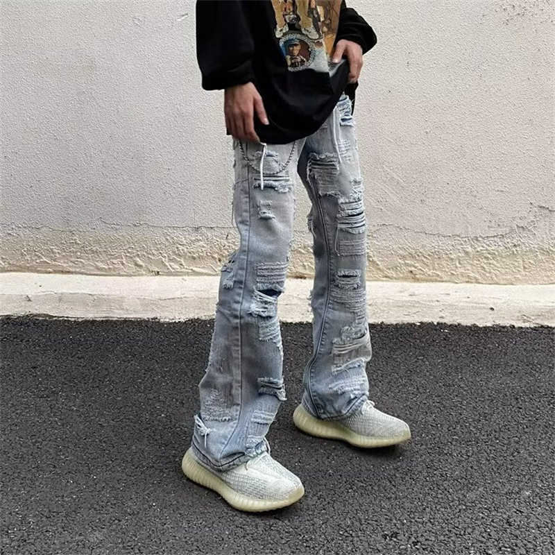 2026 Spring Mens Distressed Ripped Baggy Jeans Hip Hop Fashion Straight Leg Flared Jean Patchwork Y2K Streetwear Denim Pants Q260612
