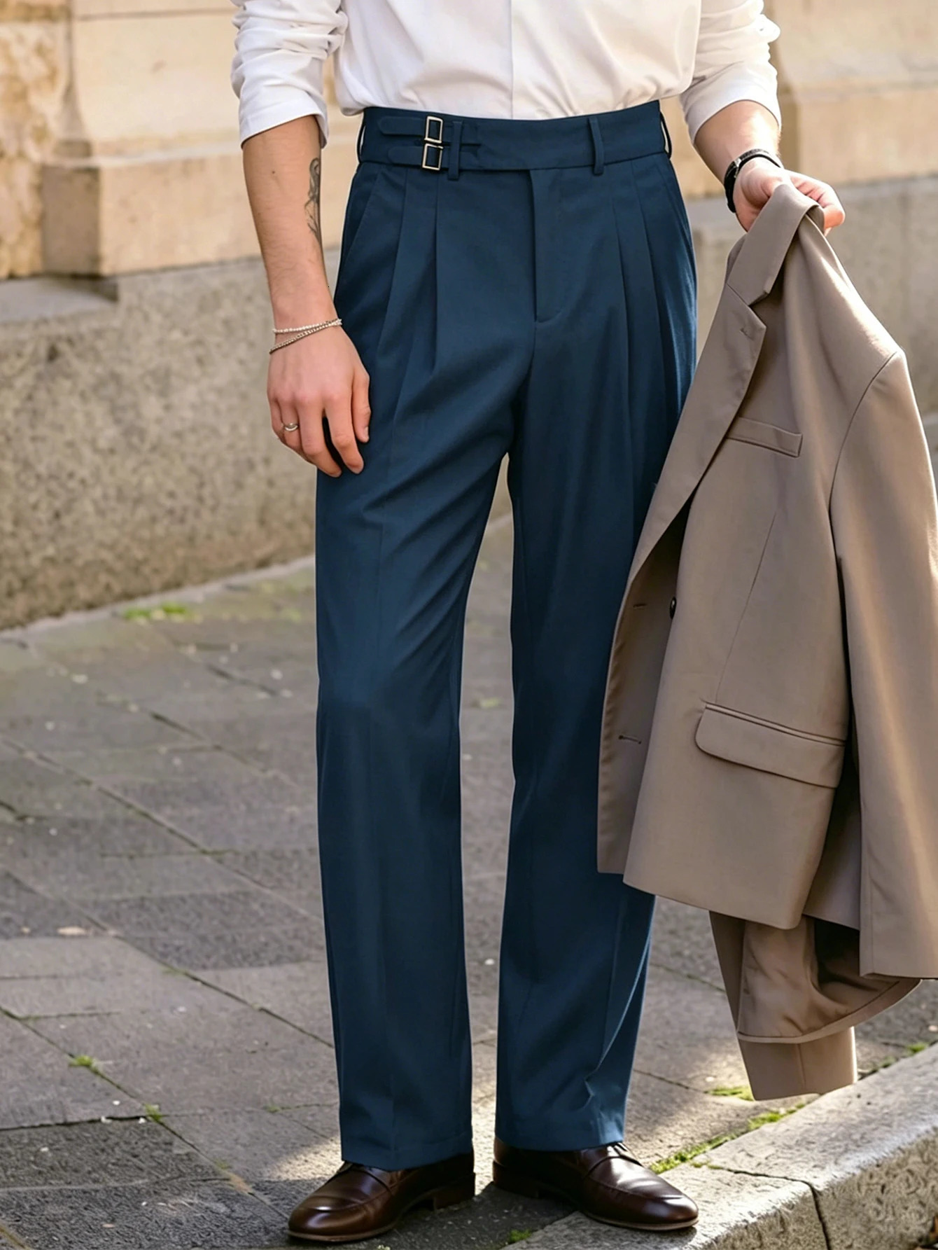 Spring Autumn Italian Elegant Light Formal Naples Trousers Mens Solid Pleated High Rise Wide Leg Business Suit Pants 260612