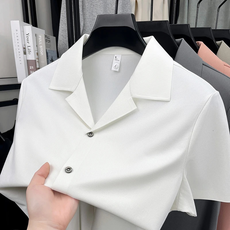 High quality solid color mens short sleeve shirt y ice silk cool breathable summer fashion casual lapel T-shirt top 260610