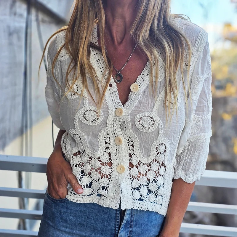 Embroidered Paisley Buttonup Shirt Blouse Womens Cropchet Hollowout Openstitch Beach Coverup Spring Summer 2026 Boho Chic 260611
