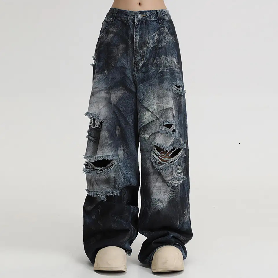 Aesthetic Streetwear Harajuku Wash Chic Hole Jeans Vintage Loose Mid Waist Button Pants Y2k Pockcet Denim Full Length 2025 260608