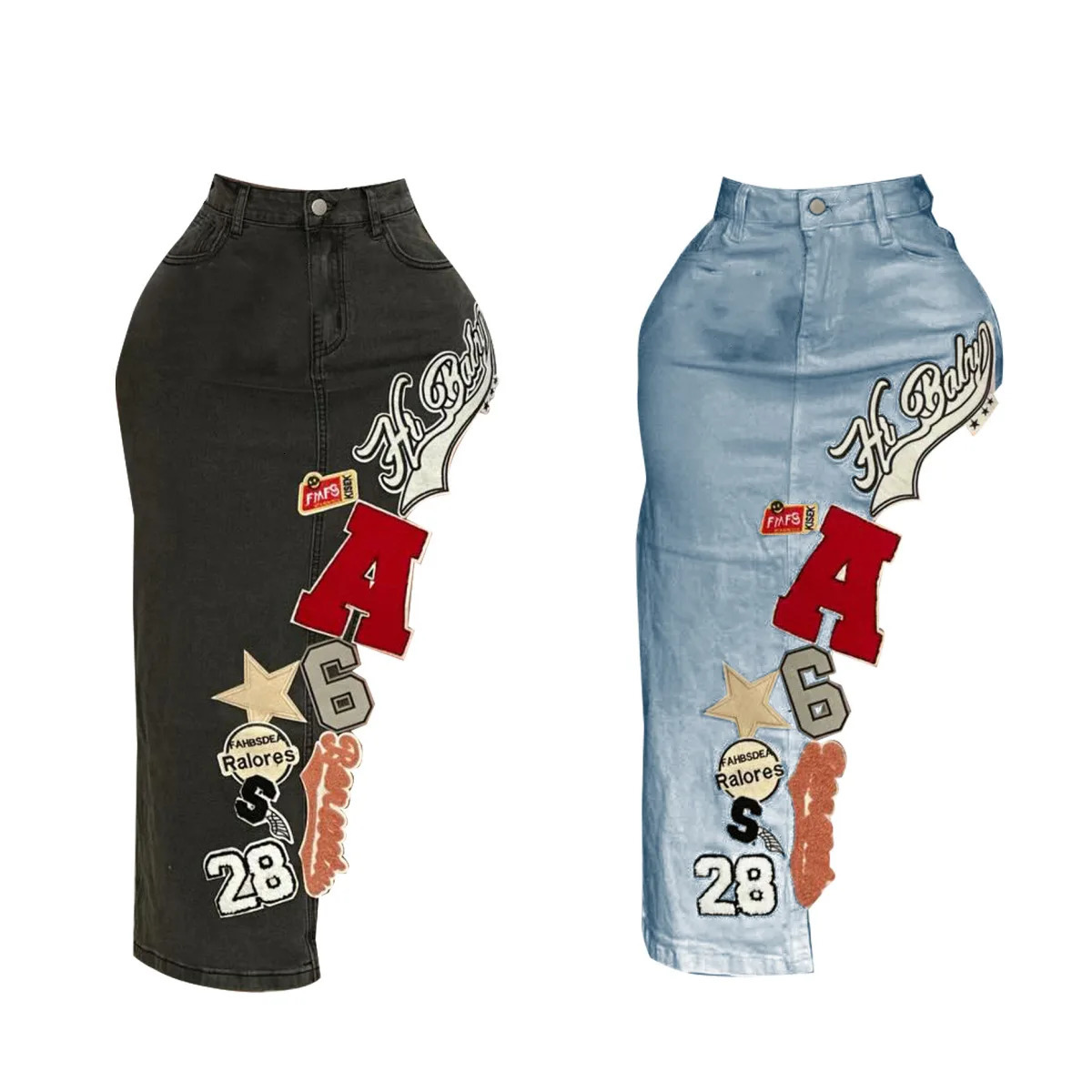 Letter Embroidery Asymmetrical Denim Skirts Women Fashion Vintage Button Fly High Waist Stretch Jeans Calf-length Skirt Bottoms 260609