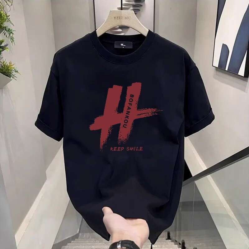 Men's Short Sleeve T-Shirts, Loose-Fit Cotton Tee with Round-Neck, Navy Blue Graphic Print âBOFANKOU KEEP SMILEâ for Sporty Daily Outfits and Autu