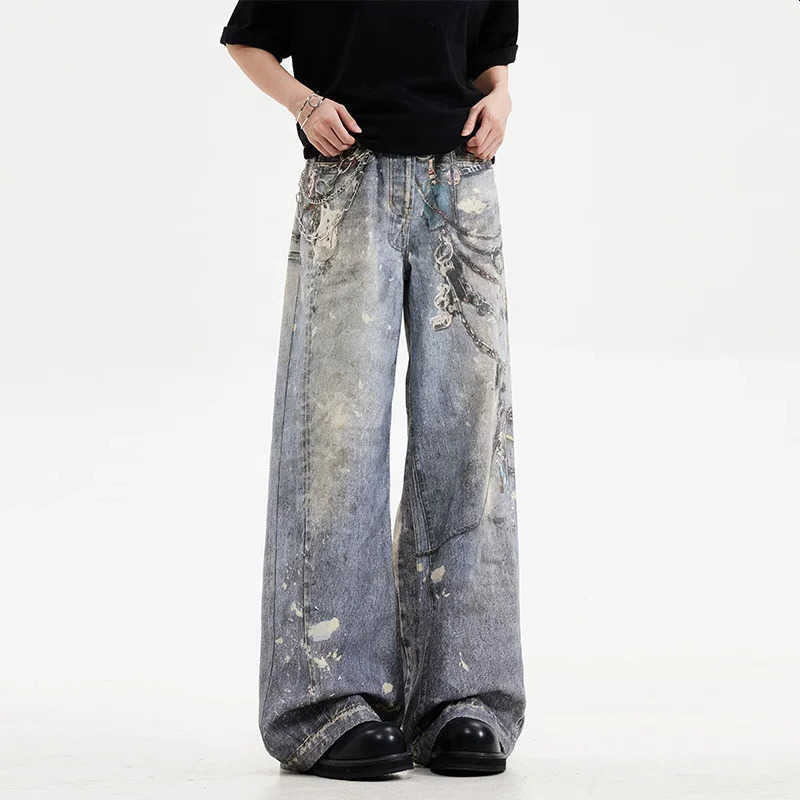 Printed Chain Baggy Jeans For And Women Casual Baggy Straight Denim Pants High Strt Wide-leg Y2K Blue Jean S260612