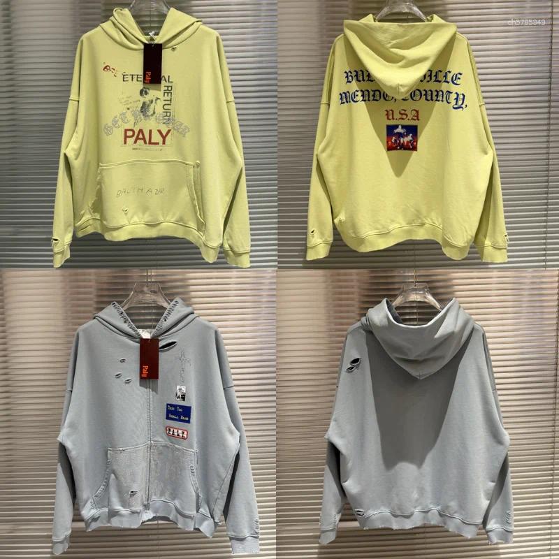 Men's Hoodies PALY High Quality Vintage Yellow Hole Distressed Men Women Loose Pullover Sweatshirts Streetwear