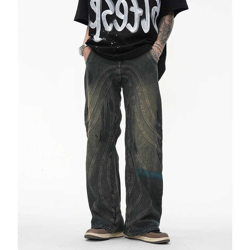 Y2K Vintage Painted Circle Striped Straight Flare Pants Mens Harajuku Casual Baggy Jeans Oversized Denim Trousers S260612
