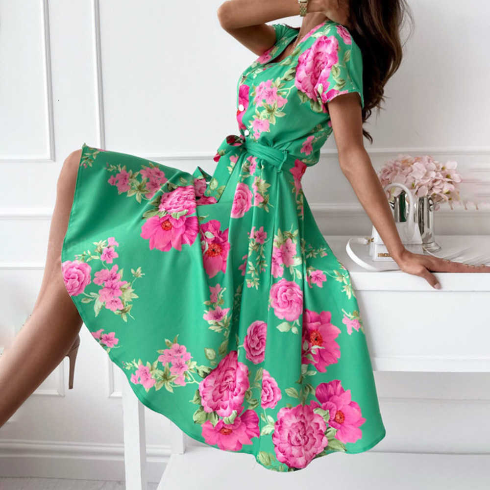 Dresses Casual Summer Commute V-Neck Short Slve Dress Elegant Lace-Up Belt Dress Women Single-Breasted Floral Print Dress S260612