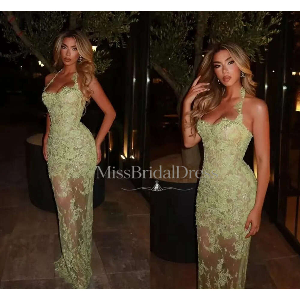 2026 Customized Sage Green Chic Lace Mermaid Prom Dresses Aso Ebi Halter Neckline Sleeveless Women Special Occasion Evening Gowns See Through Vestid
