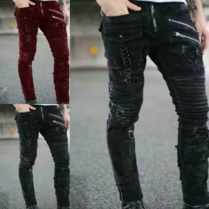 Jeans Mens Straight Punk Skinny Denim Pants Spring Summer Boyfriend Zipper Slim Fit Black Goth Trousers S260612