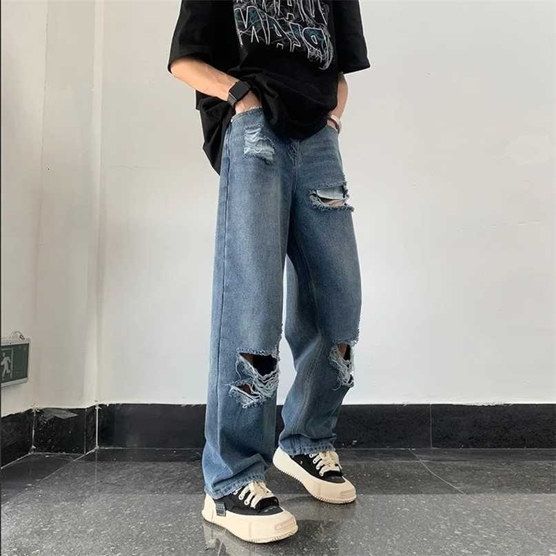 open Retro denim jeans mens summer casual straight leg Trousers Versatile unique floor pants S260612