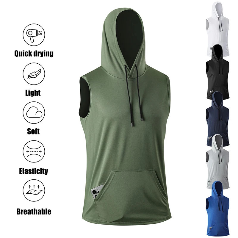 Summer Hooded Sports Vest Mens Running Training Loose Breathable QuickDrying Men Fitness Hiking Sleeveless Tank Top 260612