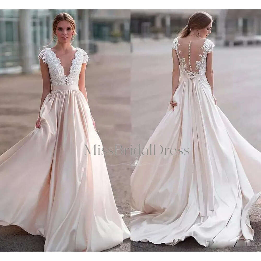 2020 A Line Sashes Short Sleeve Button Plus Size Wedding Dresses Sweep Train Tulle Lace Satin Applique Bridal Gowns Mb612