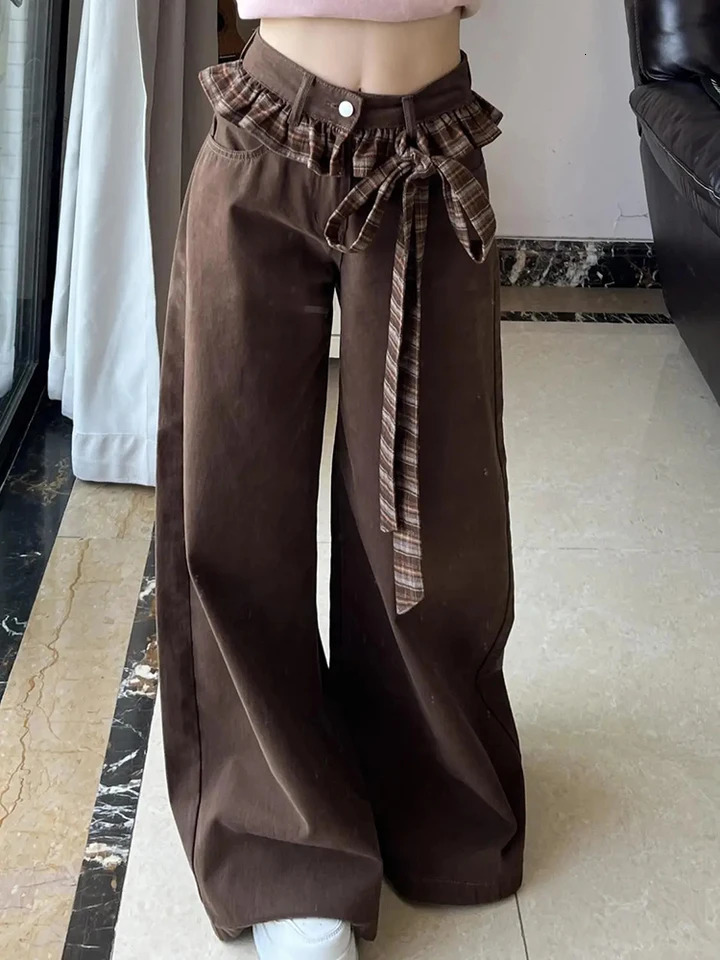 Vintage Bow Patchwork Jeans Women Streetwear High Waist Loose Plaid Denim Pants Y2K Retro Korean Zipper Wide Leg Trouser 260612