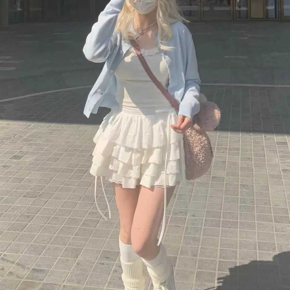 Japanese Kawaii Up Patchwork Lace Cutecore Mini Skirt Summer Lolita Skirt Women Harajuku White High Waist A-line Lace Skirt M260612