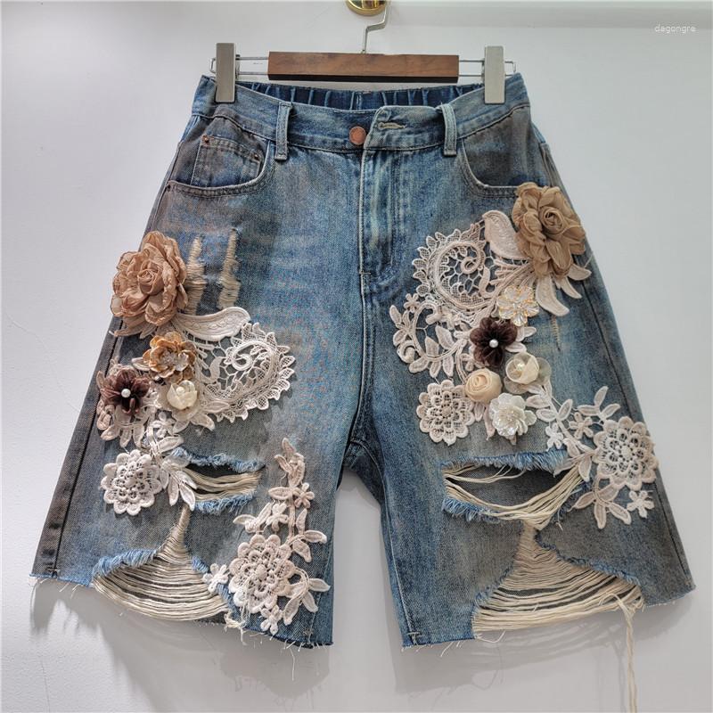 Women's Jeans 2026 Summer Niche Lace Floral Patchwork Brushed Ripped Rhinestone Elastic Waist Trendy Cool Denim Shorts