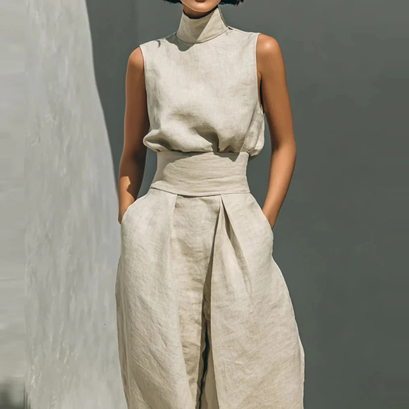 Sleeveless topwide leg pants summer casual twopiece set elegant and loose office high street pocket womens 260611
