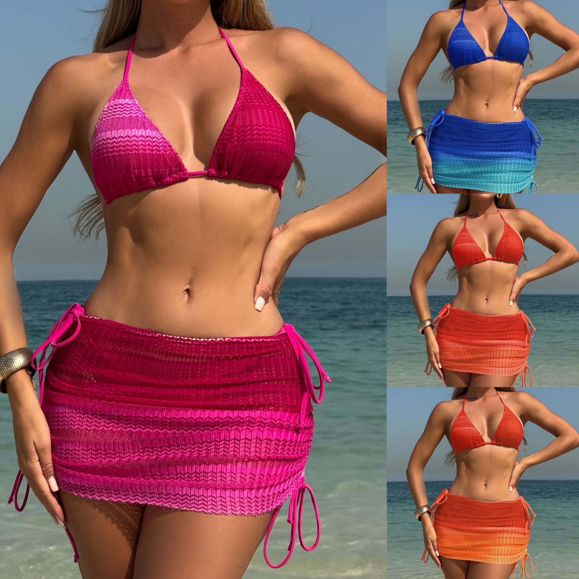 Free shipping 2026 New Gradient Mesh Three-Piece Set Beach Skirt Sexy Bikini