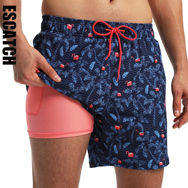 ESCATCH 2026 Arrival Mens Swimming Trunks Compression Liner 2 in 1 Printing Quick-Dry Gym Sports Mens Shorts Zipper Pockets 260612