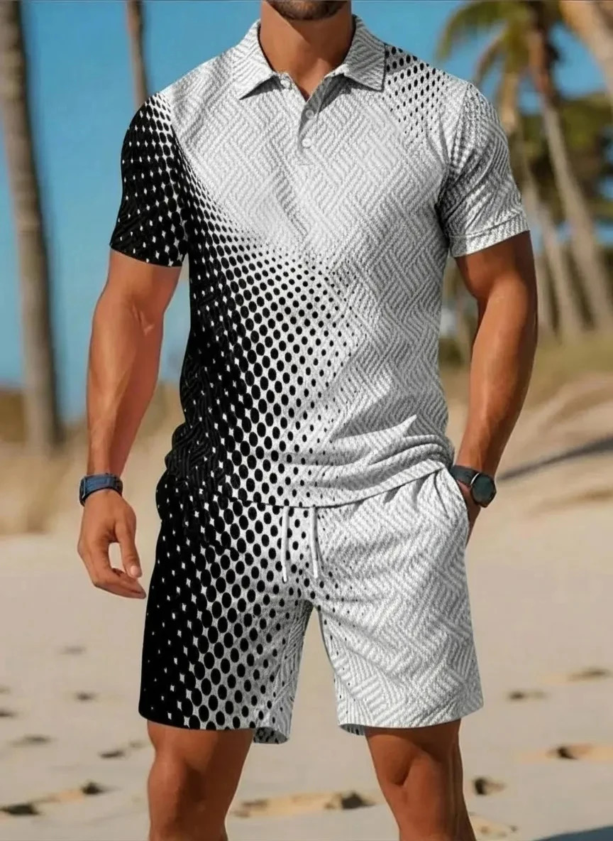 Summer Mens Casual Polo TwoPiece Set Retro Collared ShortSleeve Top and Shorts Stylish Textured Apparel