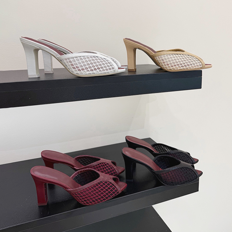 26S Designers Mules Women Mesh Sandals Glass Heels Slipper Summer Premium Peep Toe Slides Soft Leather Trim Office Daily Dating Luxury Footwear 1132