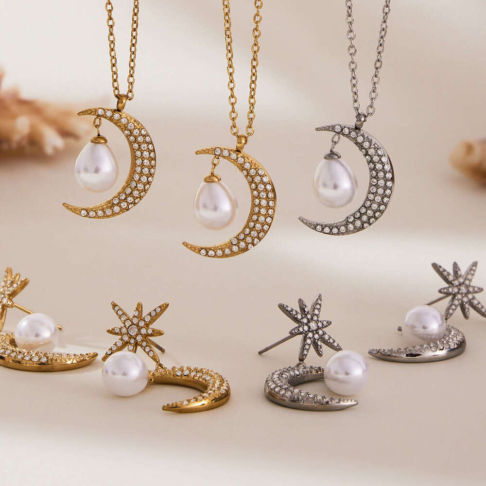 Women's INS Style Necklace Earrings Set Full Diamond Zircon Moon Pendant Eight-pointed Star Stud Earrings Stainless 18k Gold Daily Jewelry Set