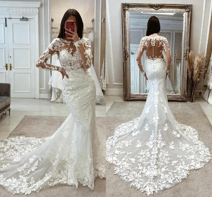 Vintage Long Sleeve Lace Mermaid Wedding Dresses 2026 Sheer Neck Appliques Backless Long Bridal Gowns Custom Made robes QA248