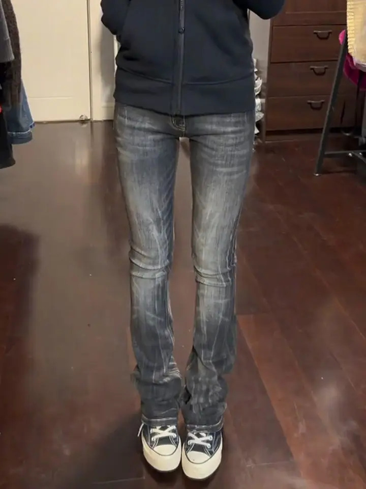 Womens Low Rise Jeans Flared Denim Pants Black American Retro Bootcut Korean Skinny Y2k Japanese Bell Bottom 260611