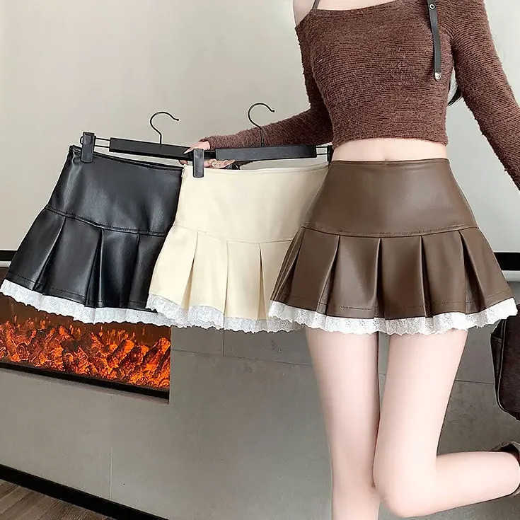 pleated leather womens lace pu skirt high waist hip wrap A word skirt M260612