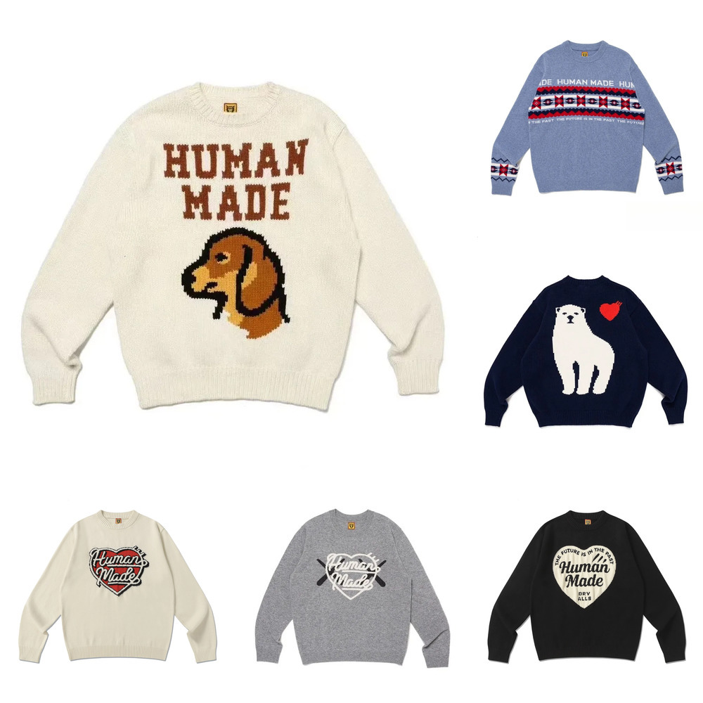 Humanmades Designer Mens sweater Heart Print Retro Hip Hop Crew Neck Pullover Embroidered streetwear Couple Loose long sleeved Knitwear Human Sweate