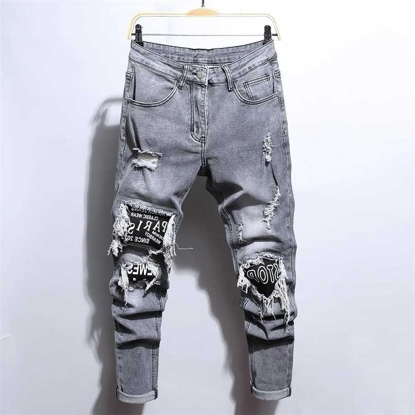 embroidered Mens jeans mens cotton elastic open highquty black hole ultrathin fit S260612
