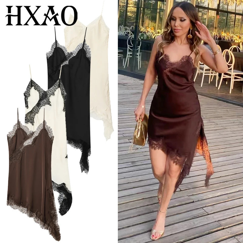 HXAO Womens Dresses Lace Asymmetric Slip Dress Summer Sexy Evening Ladies Mini Brown Sleeveless Backless Vestidos 260612