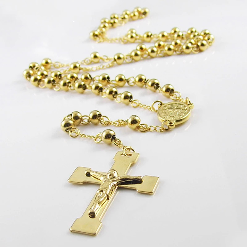 46810MM Classic Womens Mens Necklace Stainless Steel Gold Color Bead Rosary Chain Jesus Christ Cross Pendant 260612
