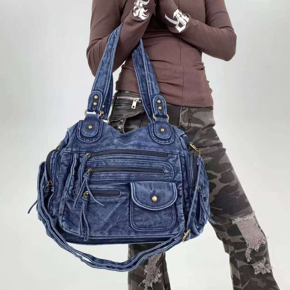 Y2K Street Personalized Women's Multi Pocket Shoulder Large Capacity Retro Motorcycle Tote Bag