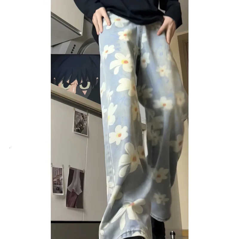 Style Korean Autumn Floral Jeans Women High Strt Printed Straight Denim Pants Casual S260612