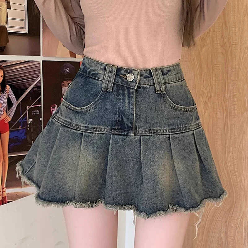 Waist Summer Women Y2k High Mini Skirtss Korean A Line Denim Pleated Dress Female Fashion Punk Blue Harajuku Jeans Skirts M260612