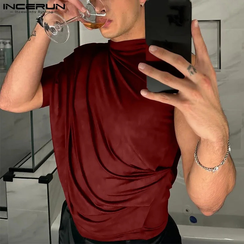 INCERUN Men Irregular T Shirts Solid Color O-neck One Short Sleeve Pleated Men Clothing Streetwear Hollow Out Camisetas 260612