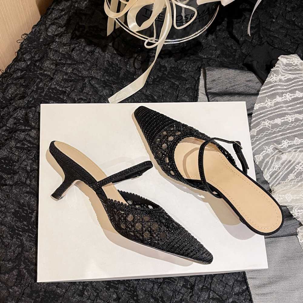 High Version Pointed Toe Stiletto Summer High Heels Women Cat Heel Rhinestone Backless Shallow Mouth Single Shoes Full Rhinestone Elegant New Style