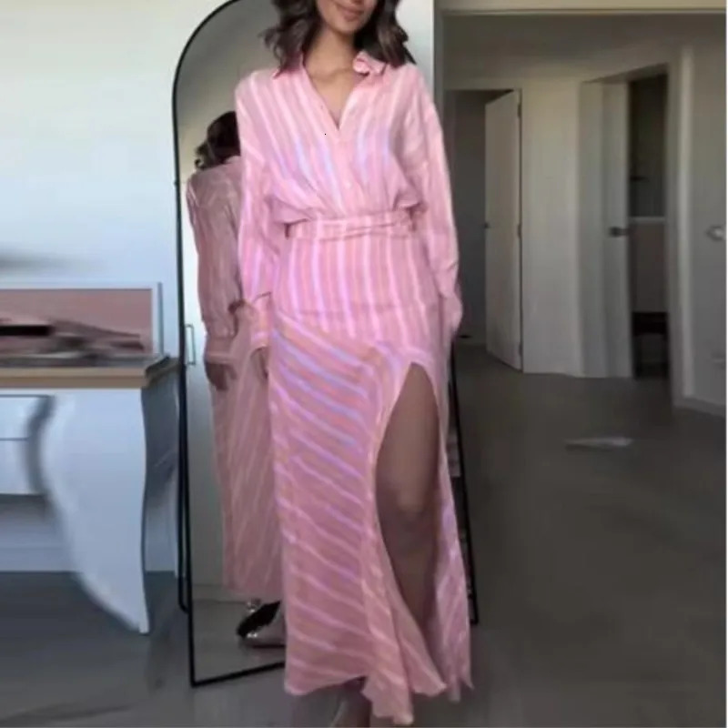 Womens Striped Skirt Set Spring Fashion Lapel Collar Long Sleeve Loose Shirts Side Zipper Splicing Midi Skirts Casual Outfits 260611