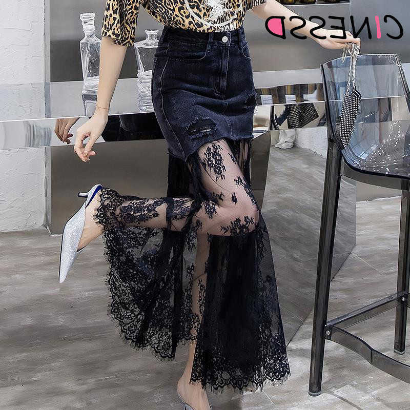 Tulle Womens Sexy Skirts Mesh 2022 Summer High Waist Long Black Jeans Skirt Mesh Tutu Pleated Denim Patchwork Midi Skirt Saias M260612