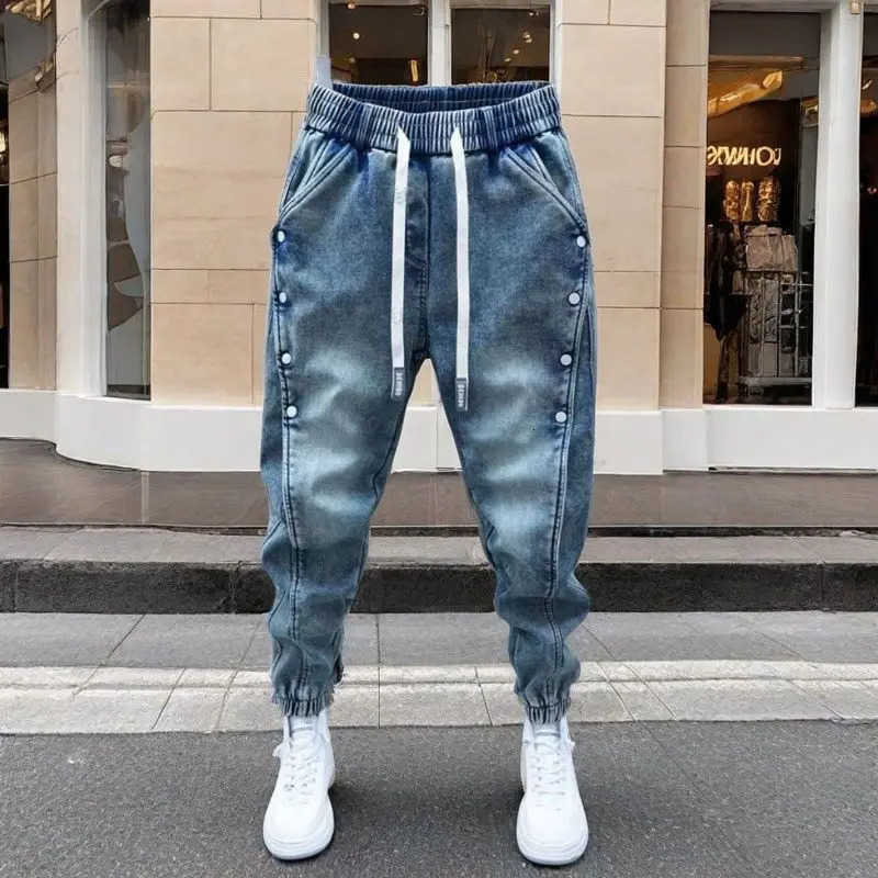 Menswear Drawstring Clothing Handsome Spring Mens Jeans Korean Elastic Waist Buttons Decorative Harlan Pants S260612