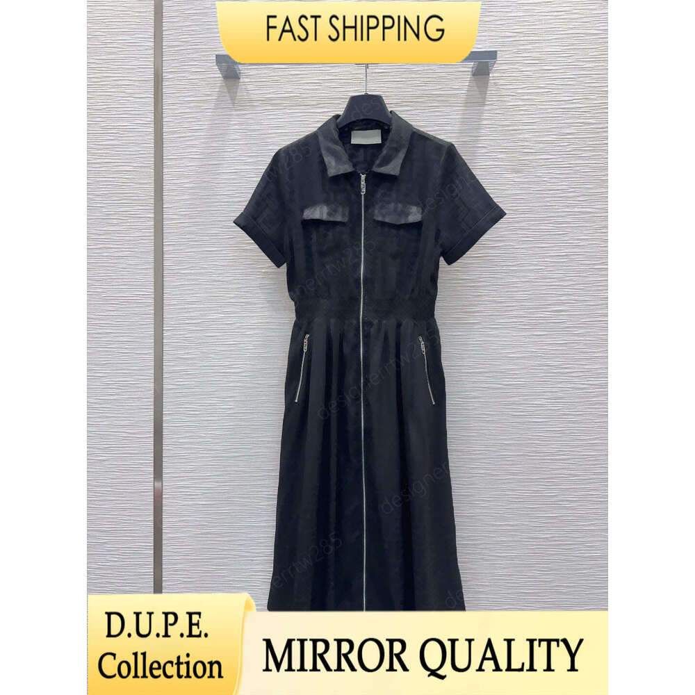Designer Black Zip Front Shirt Dress Luxury Monogram Print Short Sleeve Collar Elastic Waist For Women Summer Elegant Outfit Vestido De Verano Ro-image-1110301986