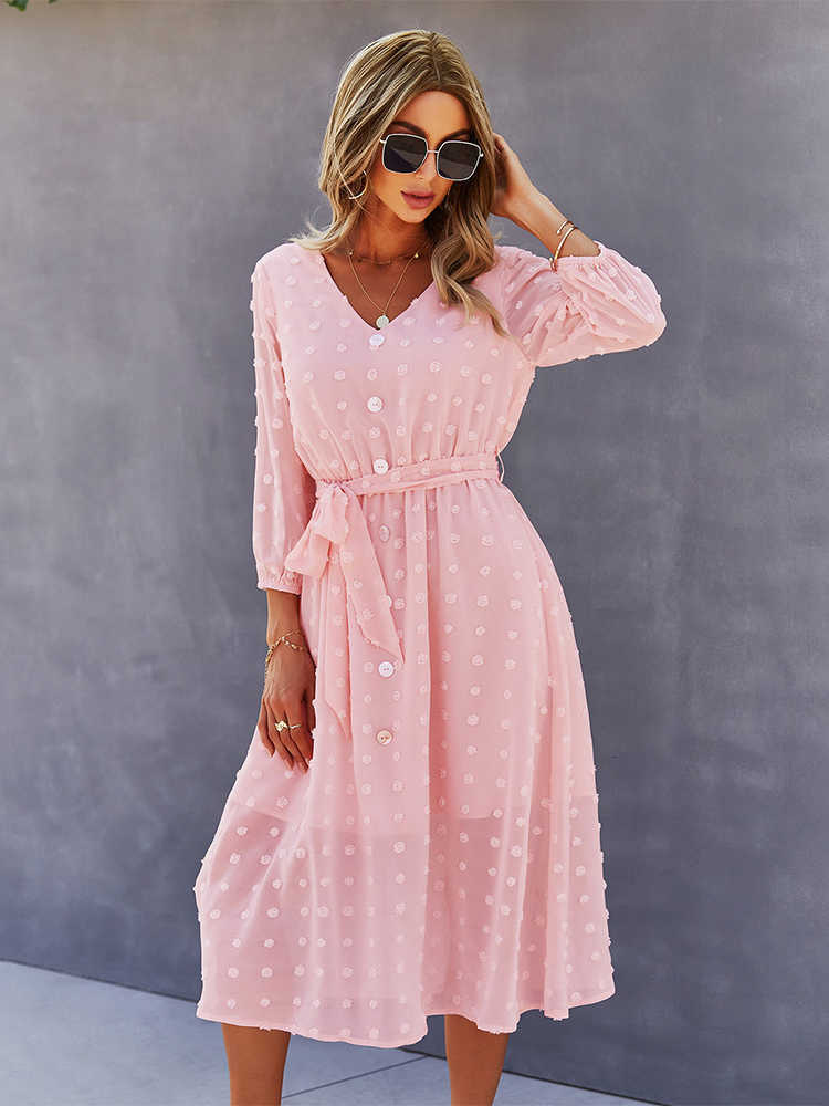 Dresses Casual Dot Long Slve V Neck Bandage Buttons Waist Dress Spring Autumn Chic Womnes Dress S260612