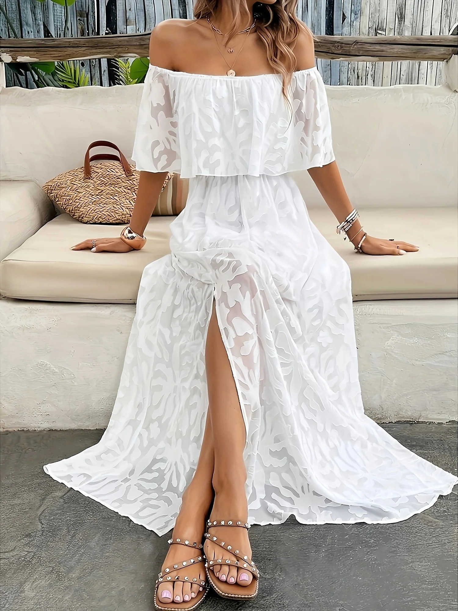 Abito lungo bianco da donna bohemien Abito corto con spalle scoperte in pizzo con volant Abito estivo da spiaggia Abiti casual S260612
