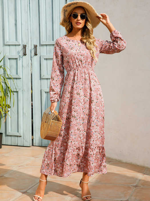 Dresses Casual Women Elegant Floral Printed Long Dresses Spring Summer Casual O Neck Long Slve Chic Waist A Line Beach Dresses S260612